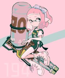 Rule 34 | 1girl, apron, artist name, black apron, black shorts, blue ribbon, blunt bangs, boots, closed mouth, commentary, cross-laced footwear, floating, gym shorts, hair ribbon, holding, holding weapon, hydra splatling (splatoon), imaikuy0, inkling, inkling (language), inkling girl, inkling player character, lace-up boots, looking at viewer, nintendo, no socks, pink eyes, pink hair, pointy ears, ribbon, shirt, short hair, short shorts, shorts, single vertical stripe, solo, splatoon (series), splatoon 2, straight-laced footwear, symbol-only commentary, t-shirt, tentacle hair, weapon, white footwear, white shirt