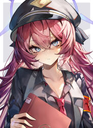 Rule 34 | 1girl, absurdres, armband, black hat, black jacket, black shirt, blue archive, blue eyes, blue halo, book, breasts, closed mouth, collarbone, collared shirt, commentary request, crossed bangs, facing viewer, hair between eyes, halo, hat, highres, holding, holding book, iroha (blue archive), jacket, kabi (zcwd8845), long hair, looking ahead, neckerchief, peaked cap, red armband, red hair, red neckerchief, shirt, small breasts, solo, upper body