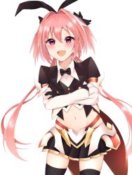 Rule 34 | 1boy, astolfo (fate), astolfo (saber) (fate), bad id, bad pixiv id, black bow, black gloves, black ribbon, black thighhighs, blush, bow, bowtie, commentary request, fate/grand order, fate (series), gloves, hair between eyes, hair bow, hair intakes, hair ribbon, highres, long hair, looking at viewer, male focus, multicolored hair, nerua, pink hair, purple eyes, ribbon, simple background, smile, solo, streaked hair, thighhighs, trap, twintails, white background, white hair
