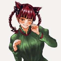 Rule 34 | 1girl, animal ears, blush, bow, braid, breasts, cat ears, dress, extra ears, green dress, grin, hands up, head tilt, highres, kaenbyou rin, large breasts, long sleeves, looking at viewer, me ri0815, one eye closed, paw pose, red hair, simple background, smile, solo, touhou, twin braids, upper body, white background