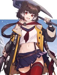 Rule 34 | 1girl, animal ears, arknights, axe, bear ears, bear girl, belt, black jacket, blue sailor collar, blue skirt, blue sky, bright pupils, brown belt, brown hair, commentary request, cowboy shot, grey hair, hair ornament, highres, holding, holding axe, jacket, leto (arknights), letterboxed, looking at viewer, multicolored hair, neckerchief, open mouth, outdoors, pleated skirt, red eyes, red neckerchief, red thighhighs, russian text, ryota tentei, sailor collar, shirt, short hair, skirt, sky, smile, solo, stomach, streaked hair, thighhighs, translation request, twitter username, white pupils, white shirt, x hair ornament