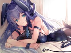 Rule 34 | 1girl, animal ears, azur lane, bare shoulders, black leotard, blue eyes, blue hair, blush, breasts, cleavage, commentary request, fake animal ears, hair between eyes, large breasts, leotard, long hair, lying, new jersey (azur lane), new jersey (exhilarating steps!) (azur lane), official alternate costume, on bed, on stomach, pantyhose, playboy bunny, rabbit ears, see-through, see-through cleavage, shibaebi (yasaip game), solo, very long hair