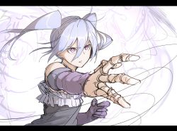 Rule 34 | 1girl, absurdres, blue hair, character request, detached sleeves, doll joints, floating hair, gloves, grey sweater, highres, joints, kankan33333, letterboxed, long hair, parted lips, purple eyes, purple gloves, reaching, reaching towards viewer, shingeki no bahamut, solo, string, string of fate, sweater, torn clothes, torn gloves, twintails