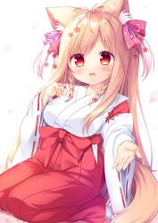 Rule 34 | 1girl, :d, animal ear fluff, animal ears, bell, blush, braid, breasts, brown hair, commentary request, hair bell, hair ornament, hakama, hakama skirt, highres, japanese clothes, jingle bell, kimono, long hair, long sleeves, looking at viewer, medium breasts, mito kohaku, open mouth, petals, red eyes, red hakama, ribbon-trimmed sleeves, ribbon trim, ryuuka sane, seiza, simple background, sitting, skirt, smile, solo, tail, tayutama 2, twin braids, very long hair, white background, white kimono, wide sleeves