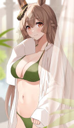 Rule 34 | 1girl, animal ears, asato (fadeless), bikini, blurry, blurry background, blush, braid, breasts, brown eyes, brown hair, cleavage, closed mouth, collarbone, commentary request, cowboy shot, curtains, ear ornament, french braid, green bikini, half updo, hand up, highres, horse ears, horse girl, indoors, large breasts, long hair, long sleeves, looking at viewer, multicolored hair, navel, open clothes, open shirt, satono diamond (umamusume), shirt, sleeves past wrists, smile, solo, standing, streaked hair, swimsuit, umamusume, white curtains, white hair, white shirt