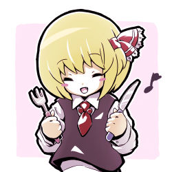 Rule 34 | 1girl, bad id, bad pixiv id, blonde hair, embodiment of scarlet devil, closed eyes, female focus, fork, hair ribbon, knife, lowres, musical note, ribbon, rumia, short hair, solo, touhou, tsuttsu