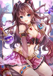 Rule 34 | 1girl, :d, between legs, blue eyes, bra, breasts, brown hair, choker, cleavage, cokecoco, detached sleeves, floating hair, frilled skirt, frills, granblue fantasy, hair between eyes, hair ornament, hand between legs, heart, heart necklace, holding, ichinose shiki, long hair, medium breasts, midriff, miniskirt, navel, necklace, open mouth, pink bra, pink skirt, see-through, sitting, skirt, smile, solo, stomach, thigh strap, twintails, two side up, underwear, very long hair