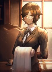 Rule 34 | 1girl, black bow, black bowtie, black jacket, black ribbon, blood, blood on clothes, bow, bowtie, brown eyes, brown hair, butler, chyeo (chear 57), closed mouth, collared shirt, cup, earrings, female butler, highres, holding, holding towel, indoors, jacket, jewelry, limbus company, looking at viewer, monocle, neck ribbon, outis (project moon), project moon, ribbon, shirt, short hair, solo, table, teacup, towel, white shirt, window, wing collar