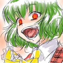 Rule 34 | 1girl, ascot, crazy eyes, crazy smile, female focus, green hair, kazami yuuka, laughing, open mouth, plaid, plaid vest, portrait, red eyes, short hair, sketch, smile, solo, supon, touhou, vest