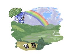 Rule 34 | baku taso, chen, chibi, cirno, flying, inaba tewi, leaf, rainbow, touhou, leaf umbrella