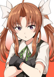 Rule 34 | 1girl, ahoge, artist name, black gloves, black vest, brown hair, chestnut mouth, commentary request, crossed arms, dated, gloves, gradient background, green ribbon, hair ribbon, highres, kagerou (kancolle), kagerou kai ni (kancolle), kamelie, kantai collection, long hair, looking at viewer, neck ribbon, orange background, purple eyes, ribbon, school uniform, shirt, short sleeves, solo, twintails, upper body, vest, white background, white ribbon, white shirt