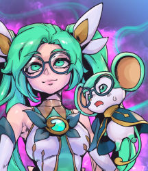 Rule 34 | 1girl, animal, bare shoulders, blush, bow, breasts, cape, commentary request, detached sleeves, dress, flying, gem, glasses, green bow, green cape, green dress, green eyes, green hair, hair ornament, large breasts, league of legends, long hair, mouse (animal), multicolored background, official alternate costume, open mouth, phantom ix row, round eyewear, short hair, sona (league of legends), star guardian pet, star guardian sona, sweatdrop, twintails, white dress