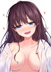 Rule 34 | 1girl, absurdres, ahoge, bad id, bad pixiv id, bare shoulders, blue eyes, blush, breasts, breasts apart, collarbone, commentary, doyagao, eyes visible through hair, fang, full-face blush, grin, heart, highres, ichinose shiki, idolmaster, idolmaster cinderella girls, long hair, looking at viewer, machin4719, medium breasts, no bra, off shoulder, open clothes, open mouth, open shirt, parted bangs, purple hair, round teeth, sidelocks, simple background, smile, smug, solo, teeth, upper body, white background