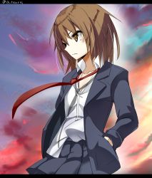 Rule 34 | 10s, 1girl, blazer, brown eyes, brown hair, buttons, collarbone, hand in pocket, heavens thunder (byakuya-part2), jacket, kantai collection, letterboxed, looking away, looking to the side, necktie, outdoors, pleated skirt, red necktie, school uniform, shirt, skirt, sky, solo, sunset, twitter username, unbuttoned, unbuttoned shirt, untucked shirt, wakaba (kancolle), white shirt