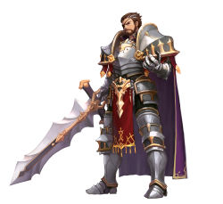 Rule 34 | 1boy, armor, beard, boots, breastplate, brown hair, cape, eyepatch, facial hair, full body, gauntlets, holding, holding sword, holding weapon, male focus, mingjeung seo, purple cape, shoulder armor, solo, standing, sword, weapon