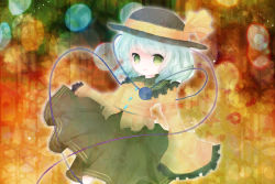 Rule 34 | 1girl, aqua hair, black hat, blouse, bug, butterfly, female focus, flower, gradient background, green eyes, hands in opposite sleeves, hat, hat ribbon, hisagi, insect, komeiji koishi, light particles, looking at viewer, ribbon, shirt, short hair, skirt, smile, solo, star (symbol), third eye, touhou, yellow shirt