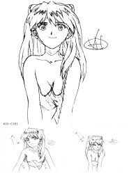 Rule 34 | 1girl, arm support, artbook, breast press, breasts, close-up, completely nude, highres, long hair, looking at viewer, monochrome, neon genesis evangelion, nude, official art, scan, sequential, simple background, sketch, smile, souryuu asuka langley, two side up, upper body, white background