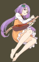 Rule 34 | 1girl, barefoot, beamed eighth notes, biwa lute, chain, collared dress, dark background, dress, eighth note, flower, frilled sleeves, frills, gold chain, hair flower, hair ornament, highres, instrument, kakone, leaf hair ornament, long hair, long sleeves, looking at viewer, lute (instrument), musical note, one-hour drawing challenge, open mouth, orange dress, pink flower, purple eyes, purple hair, simple background, solo, touhou, tsukumo benben