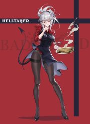Rule 34 | 1girl, apron, black apron, black footwear, black tail, blunt bangs, breasts, chocolate, copyright name, demon girl, demon horns, demon tail, english text, food, food on face, full body, goti (gotie23), helltaker, high heels, highres, horns, large breasts, legs, long legs, lucifer (helltaker), mole, mole under mouth, no pants, pancake, panties, panties under pantyhose, pantyhose, pantyshot, red background, red eyes, red shirt, shirt, side slit, silver hair, sleeves pushed up, solo, tail, thighband pantyhose, underwear, white horns