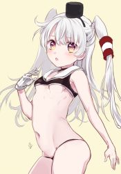 Rule 34 | 10s, 1girl, amatsukaze (kancolle), blush, breasts, brown eyes, gloves, hair tubes, hairband, kantai collection, long hair, mirakururu, navel, open mouth, silver hair, single glove, small breasts, solo, swimsuit, two side up, underboob