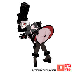 Rule 34 | 1girl, bent over, dice clan, gloves, hat, high heels, highres, multiple arms, pale skin, patreon logo, red eyes, shawnger, skirt, thighhighs, top hat, unusual pupils, watermark, white hair