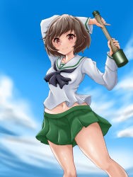 Rule 34 | 1girl, akiyama yukari, arm behind head, arm up, black neckerchief, blouse, blue sky, brown eyes, brown hair, closed mouth, cloud, cloudy sky, commentary request, day, e gs310, explosive, girls und panzer, green skirt, grenade, hand grenade, highres, holding, holding grenade, long sleeves, looking at viewer, messy hair, miniskirt, neckerchief, ooarai school uniform, outdoors, pleated skirt, sailor collar, school uniform, serafuku, shirt, short hair, skirt, sky, smile, solo, standing, stick grenade, stielhandgranate, white sailor collar, white shirt