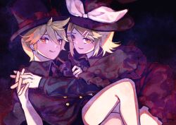 Rule 34 | 1boy, 1girl, :p, absurdres, alternate eye color, beekan, black capelet, black dress, blonde hair, bow, capelet, dress, frilled dress, frills, hair between eyes, hair ornament, hairclip, hat, highres, interlocked fingers, kagamine len, kagamine rin, looking at viewer, orange eyes, ribbon, ringed eyes, short hair, shorts, smile, tongue, tongue out, top hat, trick and treat (vocaloid), vocaloid, witch hat