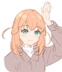 Rule 34 | 1girl, :3, absurdres, aqua eyes, arm up, blush, brown shirt, closed mouth, collared shirt, crossed bangs, hair ornament, highres, hinoshita kaho, link! like! love live!, looking at viewer, love live!, medium hair, orange hair, rabbit hair ornament, rabbit pose, selfie, shirt, simple background, smile, solo, split mouth, turtleneck, two side up, virtual youtuber, white background, yutuki ame