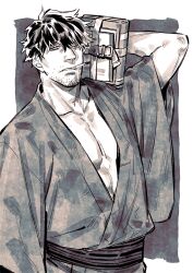 Rule 34 | 1boy, bara, book, cigarette, facial hair, holding, holding book, japanese clothes, jitome, kimono, large pectorals, long sideburns, looking at viewer, male focus, mature male, monochrome, muni (fdrk), muscular, muscular male, original, pectoral cleavage, pectorals, short hair, sideburns, solo, stubble, thick eyebrows, upper body