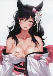 Rule 34 | 1girl, absurdres, animal ears, artist name, atago (azur lane), atago (hallmarks of winter) (azur lane), atago (hallmarks of winter) (azur lane), azur lane, bare shoulders, black hair, blush, breasts, cleavage, closed mouth, collarbone, commentary request, extra ears, flower, frilled sleeves, frills, hair flower, hair ornament, highres, huge filesize, japanese clothes, kimono, large breasts, lips, long hair, looking at viewer, mole, mole under eye, nail polish, obi, off shoulder, open clothes, open kimono, orange eyes, sakiyamama, sash, scan, simple background, solo, upper body, white background, white kimono