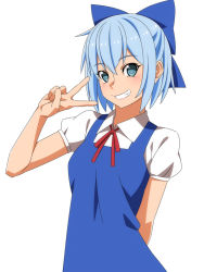 Rule 34 | 1girl, :d, arm behind back, arm up, blue bow, blue dress, blush, bow, cirno, collared shirt, dress, grin, hair bow, looking at viewer, open mouth, pinafore dress, puffy short sleeves, puffy sleeves, ra-pen, red ribbon, ribbon, shirt, short hair, short sleeves, simple background, sleeveless dress, smile, solo, tareme, teeth, touhou, v, white background, white shirt, wing collar