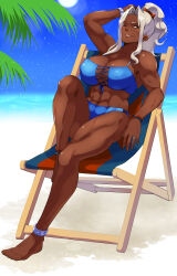 Rule 34 | 1girl, abs, absurdres, alternate costume, armband, bare arms, bare legs, barefoot, beach, beach chair, bikini, blue bikini, breasts, brown eyes, cleavage, covered erect nipples, dark-skinned female, dark skin, fire emblem, fire emblem engage, full moon, grey hair, high ponytail, highres, jewelry, large breasts, long hair, looking at viewer, moon, muscular, muscular female, night, nintendo, ocean, one eye closed, outdoors, palm tree, ponytail, ring, saphir (fire emblem), sky, smile, solo, star (sky), starry sky, swimsuit, tetsuji (i ttj f c), tree