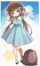 Rule 34 | 1girl, alternate costume, blue dress, bokukawauso, brown hat, dress, full body, green eyes, grey hair, hair flaps, hands on headwear, hat, kantai collection, looking at viewer, low twintails, mikura (kancolle), otter, smile, striped clothes, striped dress, sun hat, twintails, vertical-striped clothes, vertical-striped dress, wss (nicoseiga19993411)