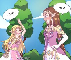Rule 34 | 2girls, blonde hair, blue eyes, blue sky, blush, breasts, brown hair, dress, earrings, elf, closed eyes, face-to-face, forest, gloves, grin, hand on own hip, hand up, heart, jewelry, long hair, multiple girls, nature, nintendo, open mouth, pointy ears, ponytail, princess zelda, sidelocks, sky, smile, spoken heart, standing, super smash bros., the legend of zelda, the legend of zelda: a link between worlds, the legend of zelda: a link to the past, the legend of zelda: twilight princess, tiara, tree, triforce, twintails