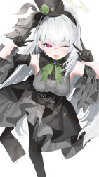 1girl black_dress black_gloves black_hat blue_archive blush crossed_bangs double_v dress gloves green_gloves grey_dress grey_hair hair_between_eyes hands_up haruri hat highres layered_dress long_hair looking_at_viewer mini_hat mini_top_hat official_alternate_costume official_alternate_hairstyle open_mouth purple_eyes sakurako_(blue_archive) sakurako_(idol)_(blue_archive) simple_background sleeveless sleeveless_dress smile solo top_hat v white_background