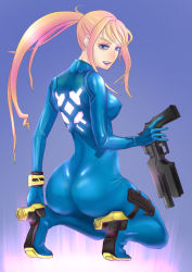 Rule 34 | 1girl, ass, back, blonde hair, blue bodysuit, blue eyes, bodysuit, breasts, covered erect nipples, eyelashes, from behind, full body, gun, half-closed eyes, hand up, handgun, high heels, holding, holding weapon, holster, impossible bodysuit, impossible clothes, lips, lipstick, long hair, looking at viewer, looking back, makeup, metroid, nintendo, open mouth, ponytail, samus aran, shimaguni yamato, skin tight, smile, solo, squatting, teeth, thigh holster, upper teeth only, very long hair, weapon, zero suit
