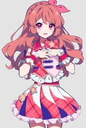 Rule 34 | 1girl, :d, absurdres, aikatsu!, aikatsu! (series), armband, bare shoulders, blush, bow, braid, brown hair, collarbone, cowboy shot, crown braid, dot nose, frilled skirt, frills, grey background, hair bow, hair ribbon, hands on own chest, hands up, highres, idol, idol clothes, jacket, layered skirt, long hair, looking at viewer, multicolored clothes, multicolored skirt, ozora akari, open mouth, own hands together, pink bow, pink ribbon, pink skirt, plaid, plaid skirt, pleated skirt, purple eyes, red bow, red skirt, red vest, ribbon, shirt, sidelocks, simple background, skirt, sleeveless, sleeveless jacket, sleeveless shirt, smile, solo, standing, star (symbol), uhouhogorigori, vest, white background, white skirt, wrist cuffs