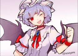 Rule 34 | 1girl, bat wings, blue hair, bow, breasts, choker, fang, hat, looking at viewer, mob cap, one eye closed, razuzyamu, red bow, red choker, red eyes, remilia scarlet, shirt, short hair, short sleeves, simple background, small breasts, smile, thumbs up, touhou, white shirt, wings