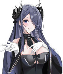 Rule 34 | 1girl, absurdres, august von parseval (azur lane), azur lane, bare shoulders, breasts, cleavage, cross, curled horns, gloves, hair over one eye, hand on own chest, highres, horns, iron cross, kuyoumi, large breasts, long hair, looking at viewer, mechanical horns, purple eyes, purple hair, simple background, solo, white background, white gloves, wide sleeves