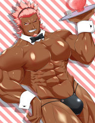 Rule 34 | 1boy, abs, bara, biceps, blush, bottle, bow, bowtie, bulge, collar, dark-skinned male, dark skin, facial hair, feet out of frame, glass, glass bottle, hand on own hip, headband, karakuraax, large pectorals, looking at viewer, male focus, male underwear, manly, mature male, muscular, muscular male, navel, nipples, no pants, one eye closed, original, pectorals, pink background, pink eyes, pink hair, plate, short hair, simple background, smile, solo, spiked hair, stubble, teeth, thick arms, thick eyebrows, thick thighs, thighs, topless male, underwear, veins, veiny arms, white background