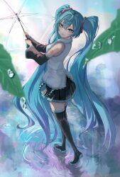 Rule 34 | 1girl, bare shoulders, belt, black footwear, black skirt, black sleeves, blue eyes, blue hair, blush, boots, breasts, collared shirt, detached sleeves, eikawa suru, frilled shirt, frills, from behind, hair between eyes, hair ornament, hatsune miku, highres, holding, holding umbrella, leaf, long hair, looking at viewer, looking back, loose belt, miniskirt, number tattoo, open mouth, pleated skirt, puddle, raised eyebrows, reflection, reflective water, ripples, shirt, sidelocks, skirt, sleeveless, sleeveless shirt, small breasts, smile, solo, tattoo, thigh boots, thighhighs, thighs, transparent, transparent umbrella, twintails, umbrella, very long hair, vocaloid, walking, water drop, wet floor, white shirt, zettai ryouiki