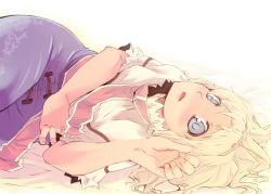 Rule 34 | 1girl, :o, alice margatroid, bare arms, blonde hair, blue dress, blue eyes, blush, capelet, dress, female focus, hairband, leaf print, long hair, looking at viewer, lying, necktie, nose blush, on back, open mouth, orange hairband, pink necktie, short sleeves, simple background, solo, touhou, white background, yuu (kfc)