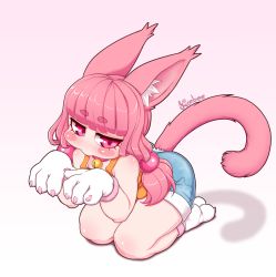 Rule 34 | 1girl, animal ear fluff, animal ears, bell, blue shorts, blunt bangs, blush stickers, fewer digits, full body, highres, jingle bell, kionant, kneeling, long hair, looking to the side, low twintails, neck bell, orange shirt, original, paw pose, pink eyes, pink hair, shirt, short eyebrows, short shorts, shorts, signature, simple background, solo, tail, thick eyebrows, twintails, white background, wide face