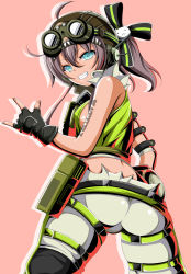 Rule 34 | 1girl, \m/, ahoge, apex legends, arm tattoo, ass, belt, belt pouch, blue eyes, breasts, brown hair, cosplay, cowboy shot, fingerless gloves, gloves, goggles, grin, hasa west, headwear request, hololive, looking at viewer, natsuiro matsuri, octane (apex legends), octane (apex legends) (cosplay), pants, pink background, pouch, simple background, sleeveless, smile, solo, tan, tattoo, thigh strap, tight clothes, tight pants, virtual youtuber