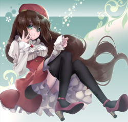 Rule 34 | 1girl, ankle strap, beret, black thighhighs, breasts, brown hair, closed mouth, commentary request, dress, frilled dress, frills, full body, green eyes, hair between eyes, hand up, hat, high heels, iris (mega man), juliet sleeves, knees together feet apart, long hair, long sleeves, looking at viewer, medium breasts, mega man (series), mega man x4, mega man x (series), parco 1315, parted lips, puffy sleeves, red dress, red footwear, sleeves past wrists, solo, thighhighs, white sleeves