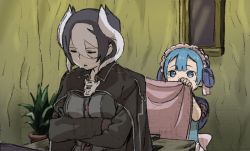 Rule 34 | 1boy, 1girl, black cape, black gloves, black hair, black jacket, blanket, blue eyes, blue hair, blunt bangs, cape, capelet, commentary request, covering with blanket, crossed arms, gloves, hair between eyes, jacket, long sleeves, made in abyss, maid, maid headdress, maruruk, mi (pic52pic), multicolored hair, ozen, parted lips, plant, potted plant, short hair, sitting, sleeping, traditional media, trap, two-tone hair, whistle, white hair