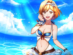 Rule 34 | 1girl, :d, blonde hair, bracelet, breasts, brown eyes, cleavage, cloud, collarbone, day, djeeta (granblue fantasy), flower, granblue fantasy, hair between eyes, hair flower, hair ornament, hairband, highres, jewelry, kurozatou owata, looking at viewer, medium breasts, midriff, navel, ocean, open mouth, outdoors, print hairband, rose, short hair, smile, solo, stomach, sunlight, wading, white flower, white hairband, white rose, wrist cuffs