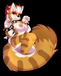 Rule 34 | 1girl, alternate species, animal ear fluff, animal ears, animal hands, animal nose, armlet, artist name, black background, blush, body fur, bowser, bracelet, breasts, brown fur, cat ears, cat girl, cat tail, claw pose, claws, collar, completely nude, facial mark, fang, female focus, forked eyebrows, full body, furry, furry female, genderswap, genderswap (mtf), half-closed eyes, hands up, highres, jewelry, large breasts, large tail, light blush, looking at viewer, mario (series), matching hair/eyes, meowser, multicolored fur, multicolored hair, neck bell, nintendo, nipples, nude, open mouth, orange fur, pawpads, personification, red eyes, red hair, shell, short hair, signature, simple background, solo, spiked armlet, spiked bracelet, spiked collar, spiked shell, spikes, striped tail, super mario 3d world, tail, teranen, thick eyebrows, tongue, tongue out, two-tone hair, whisker markings, white fur, white hair