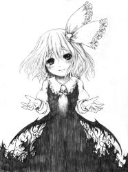 Rule 34 | claws, darkness, embodiment of scarlet devil, fang, fangs, greyscale, hair ribbon, katzeh, magic, monochrome, monster, ribbon, rumia, slit pupils, solo, touhou