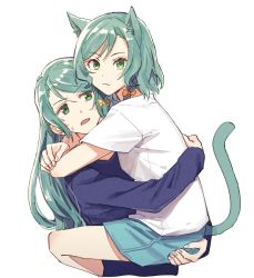 Rule 34 | 2girls, :/, akni, animal ears, aqua hair, aqua shorts, arms around neck, bang dream!, blue shirt, bow, braid, carrying, cat ears, cat girl, cat tail, closed mouth, commentary request, cropped torso, green eyes, hair bow, hikawa hina, hikawa sayo, kemonomimi mode, korean commentary, long hair, long sleeves, looking at another, looking at viewer, multiple girls, open mouth, shirt, short hair, short sleeves, shorts, siblings, side braids, simple background, sisters, sweatdrop, swept bangs, tail, tail raised, twin braids, twins, upper body, white background, white shirt, yellow bow